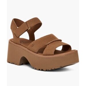 UGG new heights GoldenGlow Chestnut Suede Platform Wedge Sandals  9.5